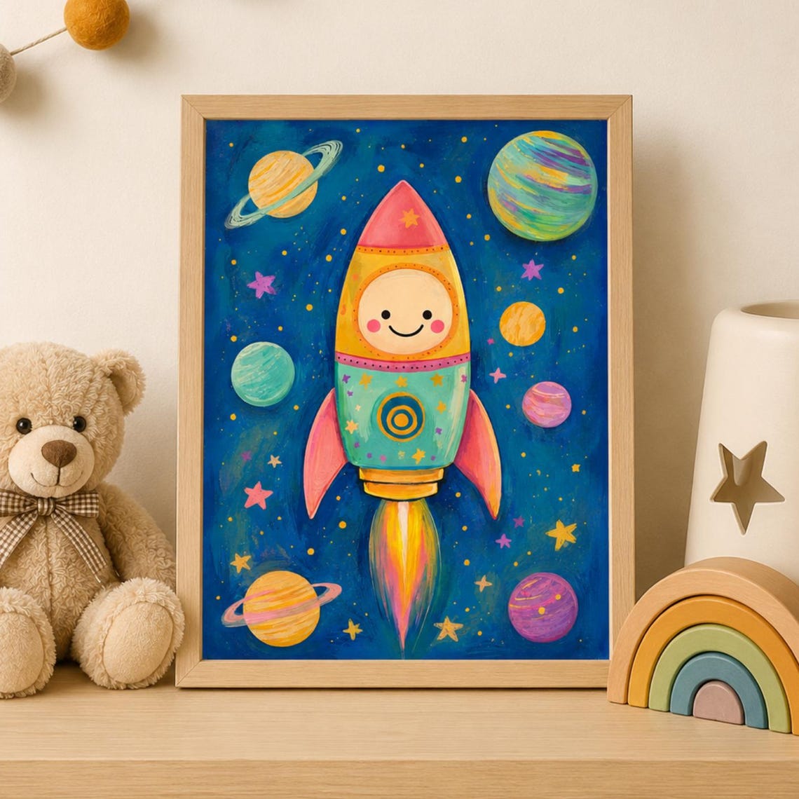 Smiling Rocket Ship Outer Space Kids Room Colorful Nursery Wall Art