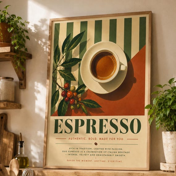 Espresso Coffee Wall Art Print Vintage Kitchen Poster Italian Decor Cafe Lover Gift