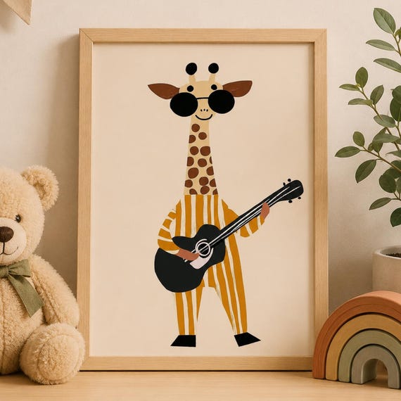 Giraffe Wall Art Print Music Animal Poster Kids Room Decor Cute Guitar Illustration Nursery