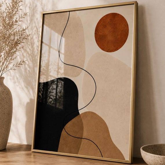 Abstract Neutral Wall Art Minimalist Geometric Poster Modern Beige Brown Black Print Contemporary Living Room Decor