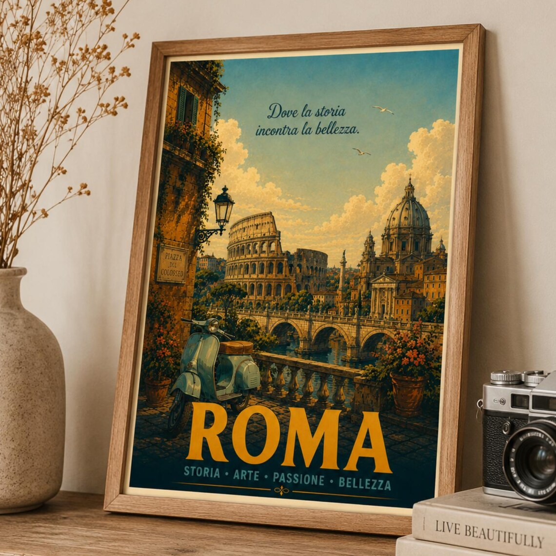 Rome Italy Travel Poster Vintage Vespa Colosseum Italian City Art