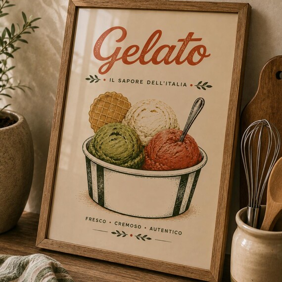 Gelato Wall Art Italian Ice Cream Poster Retro Dessert Kitchen Decor Colorful Food Illustration Dining Room Artwork