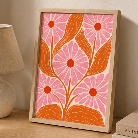 Pink Orange Retro Daisy Floral Mid Century Pattern Modern Poster