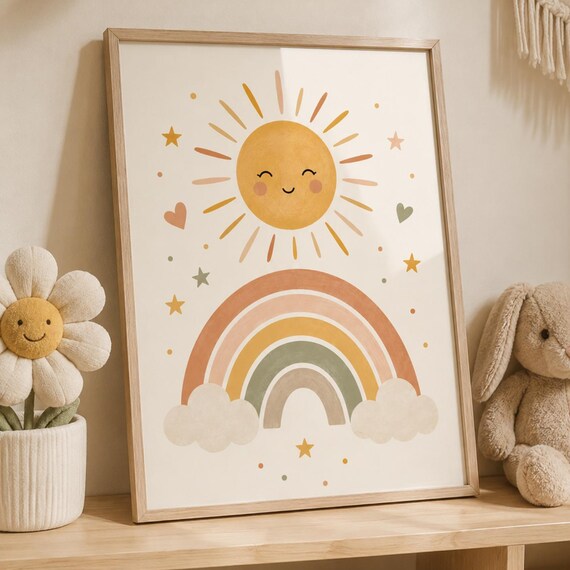 Cute Boho Rainbow Nursery Sun Clouds Neutral Baby Room Art Print
