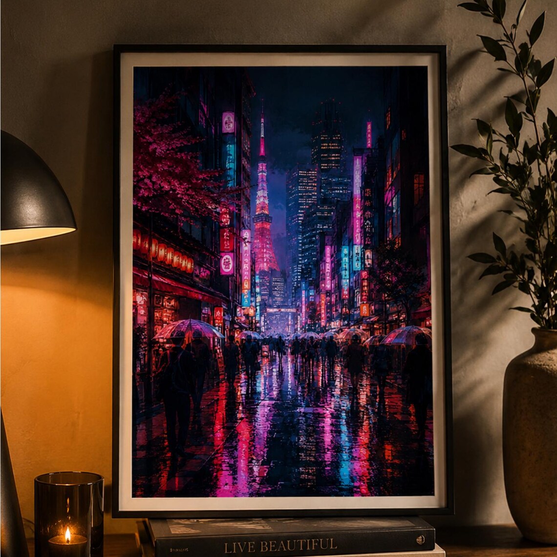 Tokyo Japan Neon Night Street Tokyo Tower Cyberpunk Cityscape Poster