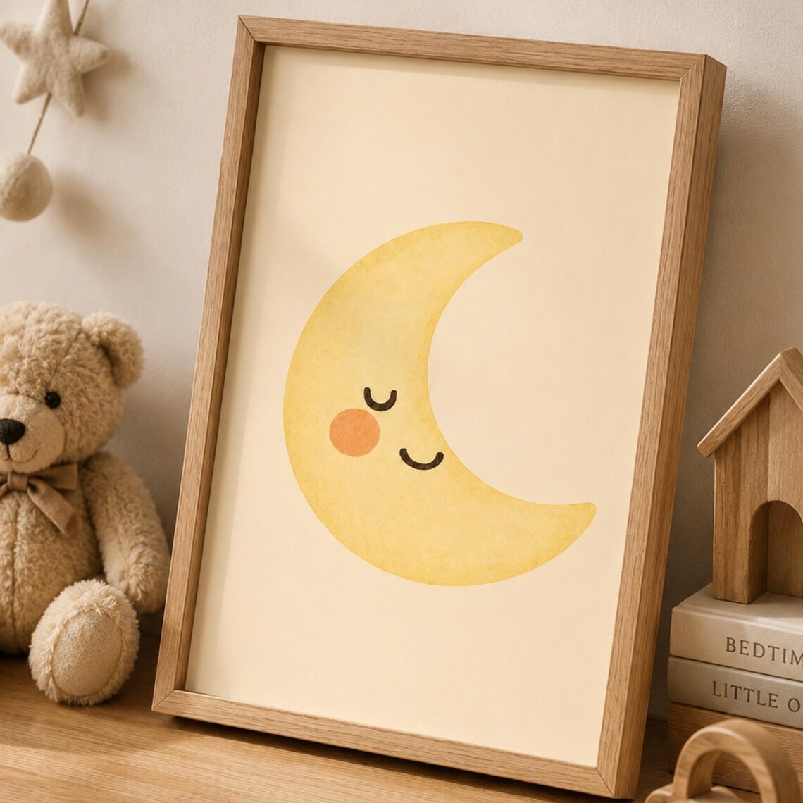 Cute Sleeping Crescent Moon Watercolor Baby Nursery Art Poster