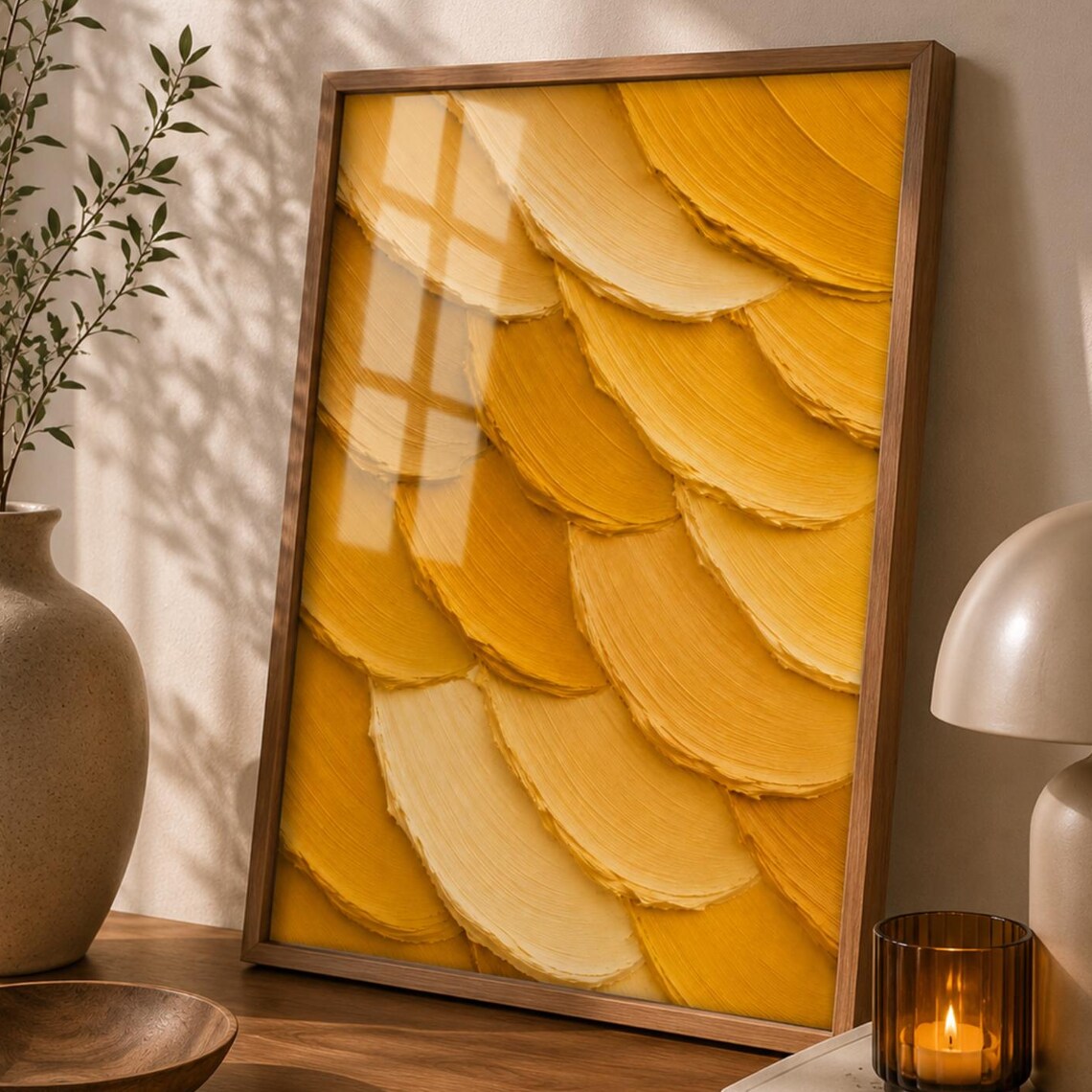 Mustard Gold Abstract Brushstroke Waves Poster Textured Canvas Style Art