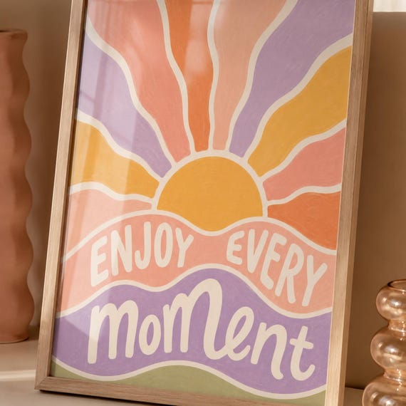 Sun Wall Art Print Enjoy Every Moment Poster Retro Boho Sunshine Decor Colorful Inspirational Quote Gift