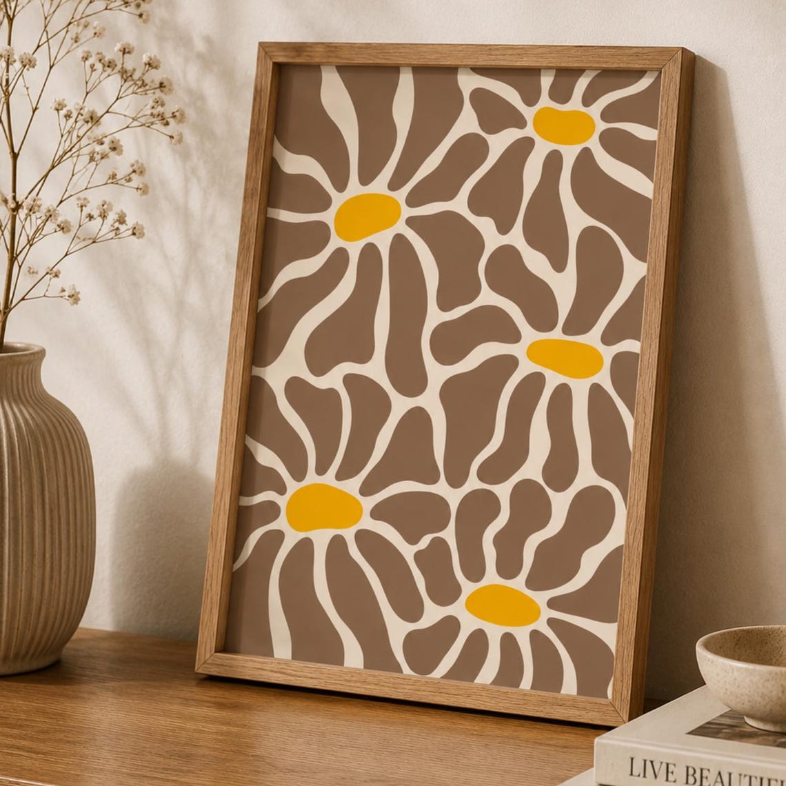 Neutral Brown Daisy Floral Pattern Scandinavian Modern Poster