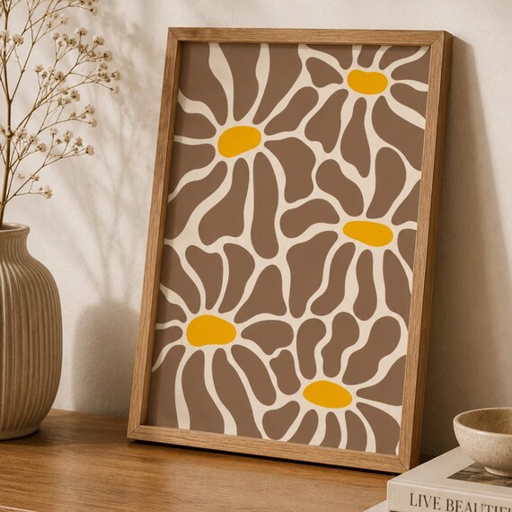 Neutral Brown Daisy Floral Pattern Scandinavian Modern Poster