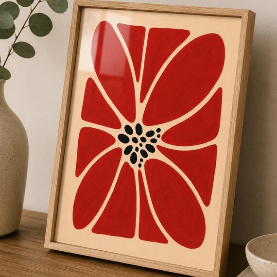 Red Flower Scandinavian Folk Abstract Bold Floral Art Poster