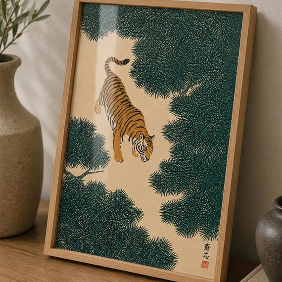 Tiger Wall Art Print Japanese Poster Vintage Asian Wildlife Artwork Japandi Decor Woodblock Style