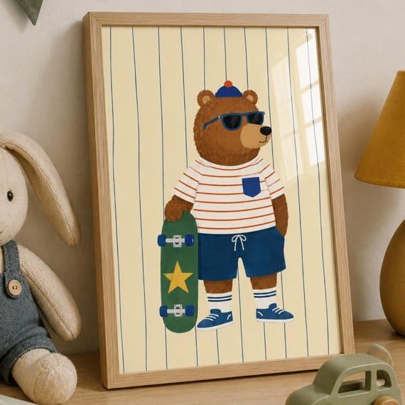 Cute Bear Wall Art Print Skateboard Poster Kids Room Decor Woodland Nursery Animal Illustration Gift