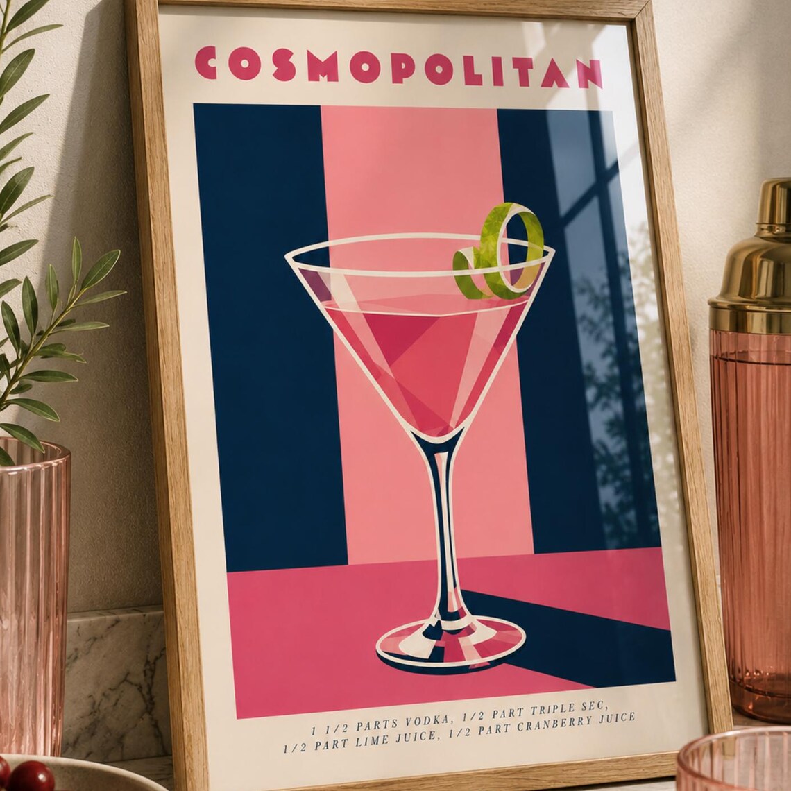 Cosmopolitan Cocktail Retro Poster, Home Bar Decor