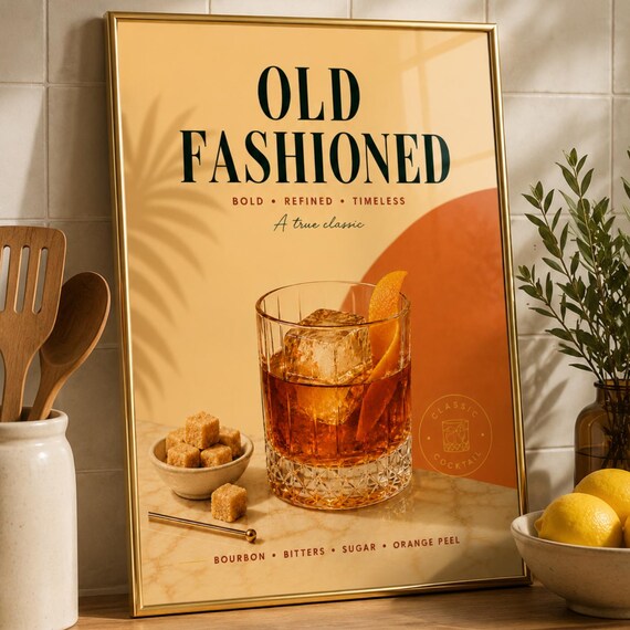 Old Fashioned Bourbon Bold Classic Cocktail Recipe Bar Poster