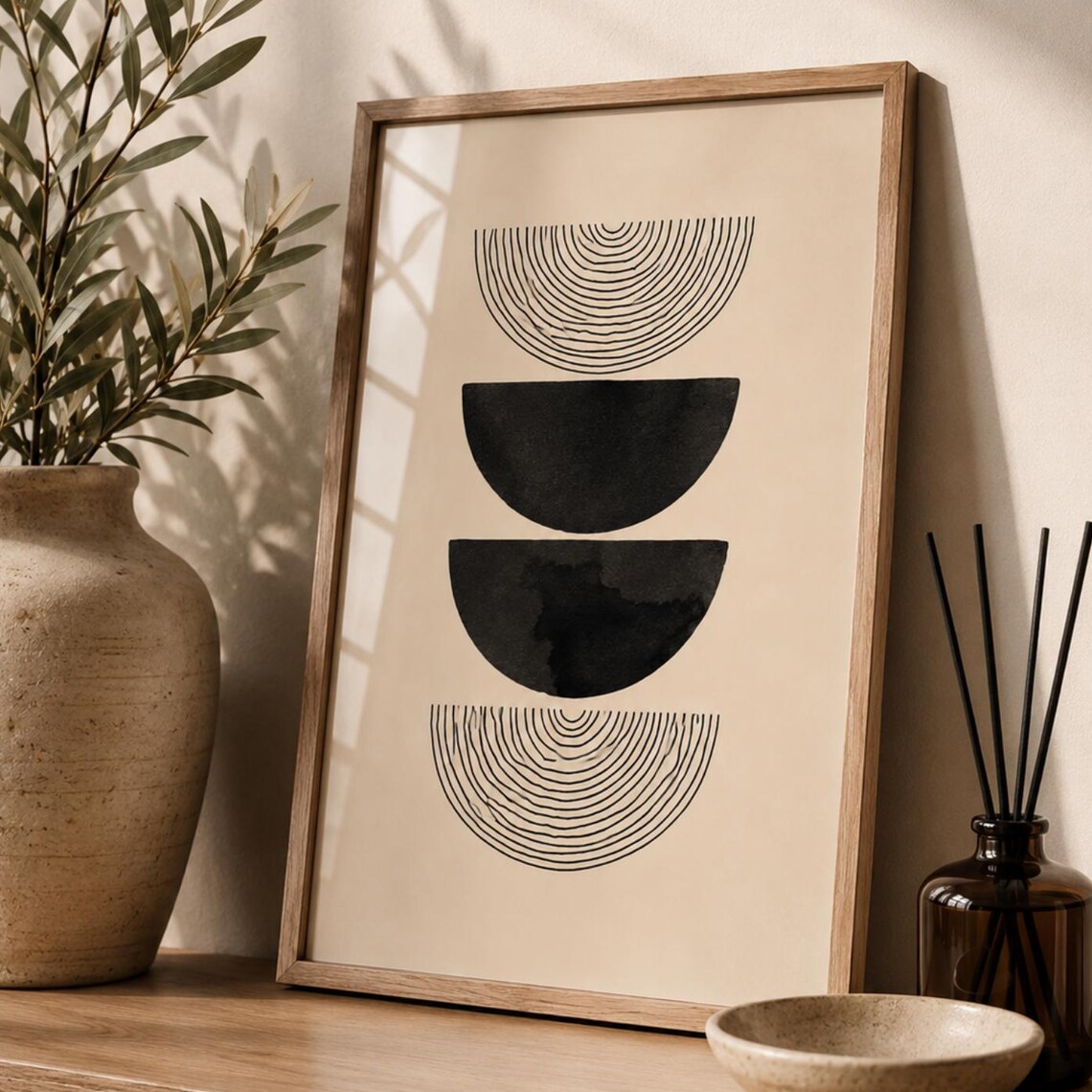 Minimalist Black Beige Geometric Half Circle Boho Line Art Print