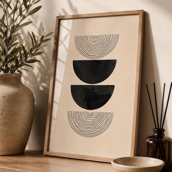 Minimalist Geometric Wall Art Print Abstract Black Beige Poster Scandinavian Modern Decor Boho Japandi Artwork