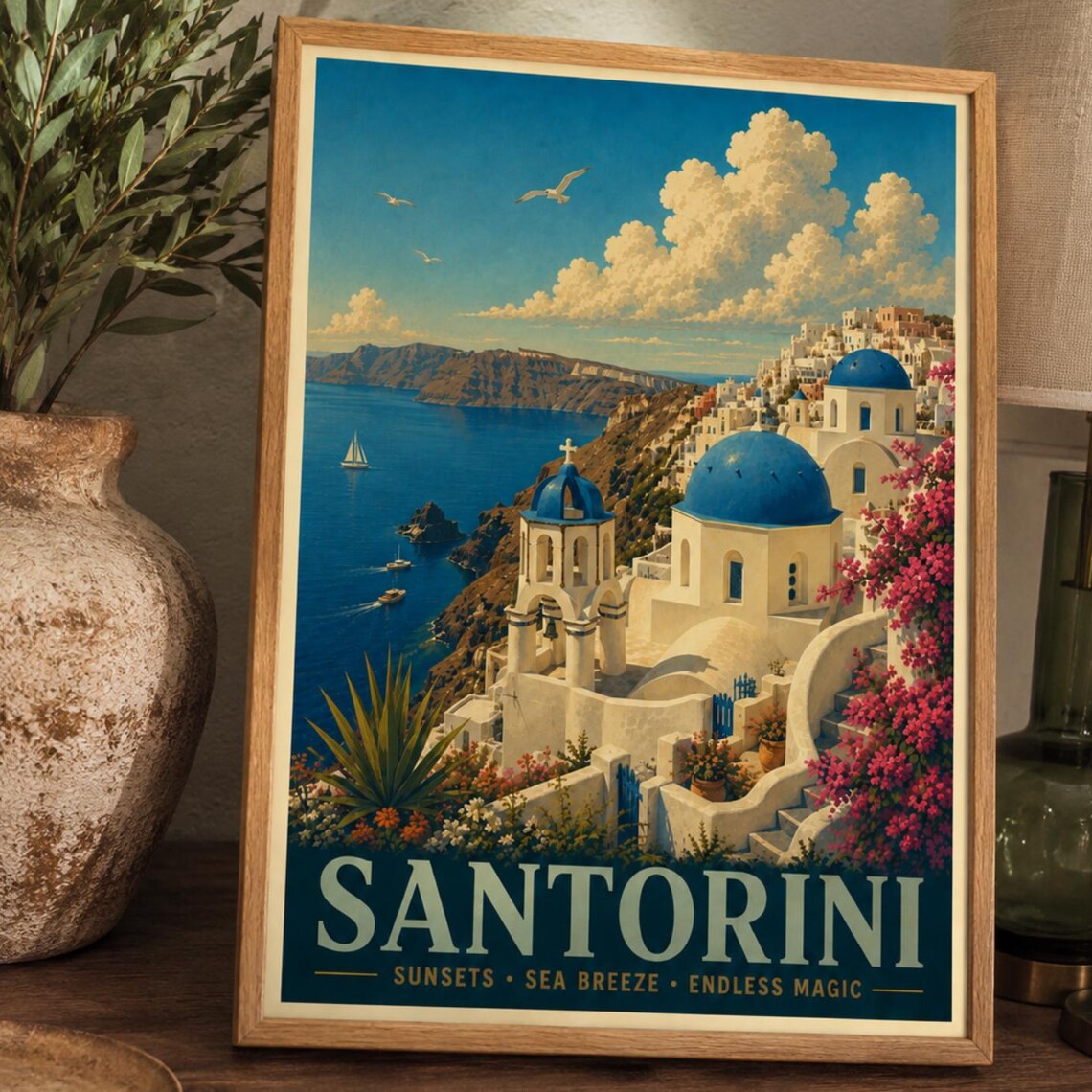 Santorini Vintage Travel Poster, Greece Art Print