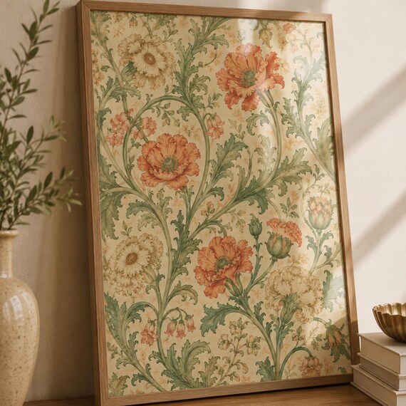 Antique Orange Poppy Botanical Scroll Floral Vintage Pattern Poster
