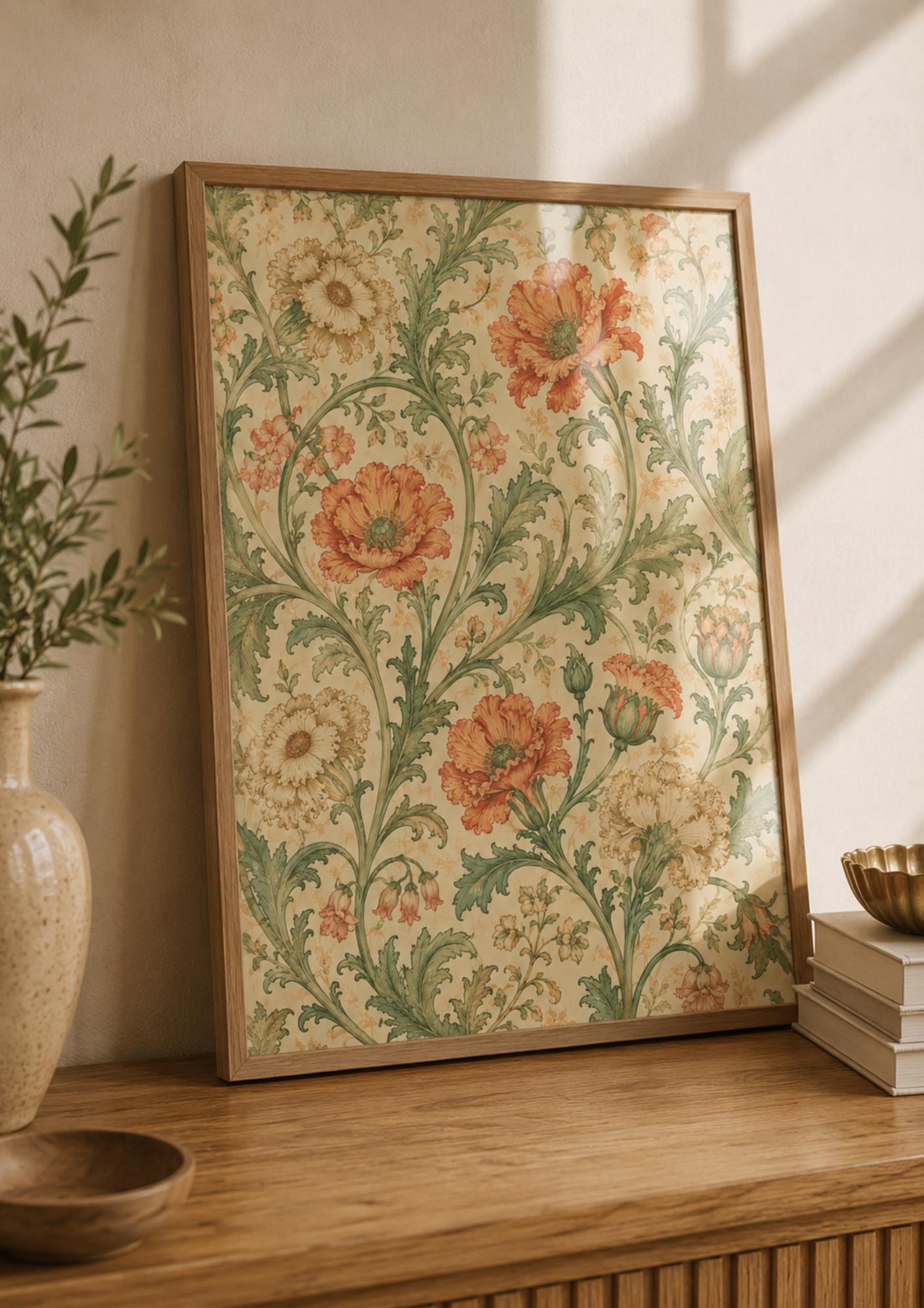 Antique Orange Poppy Botanical Scroll Floral Vintage Pattern Poster