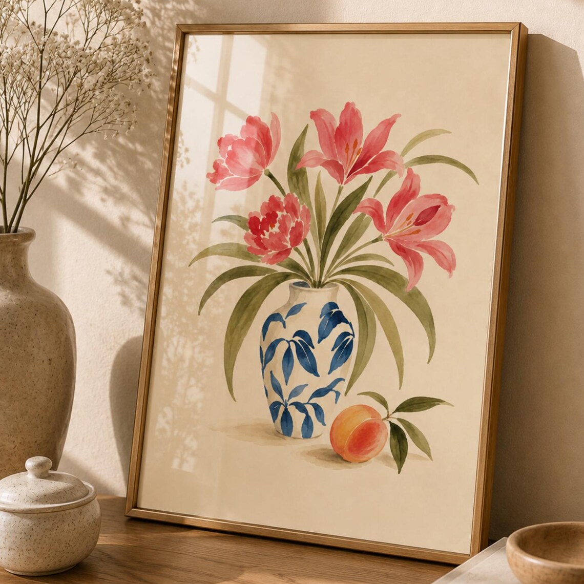 Floral Watercolor Vase Art Print, Chinoiserie Decor