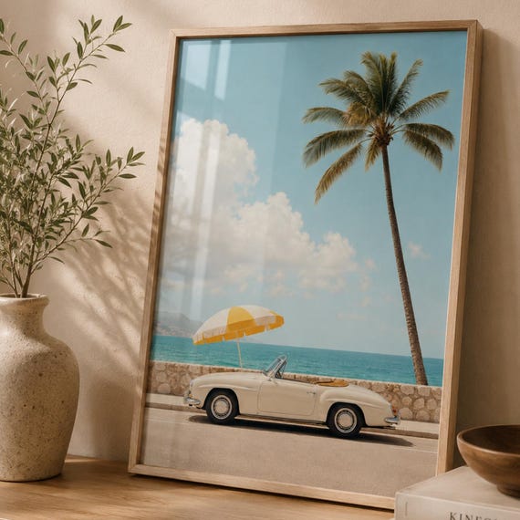 Coastal Vintage Car Print Palm Tree Beach Wall Art Tropical Ocean Poster Retro Convertible Decor Summer Vacation Artwork