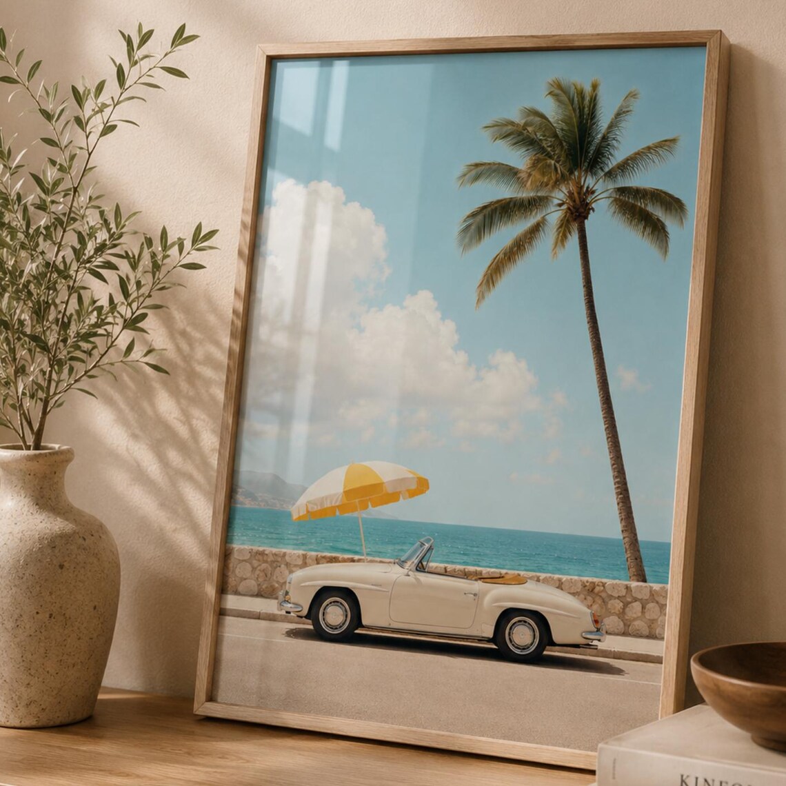 Vintage White Convertible Palm Tree Beach Coastal Photo Print