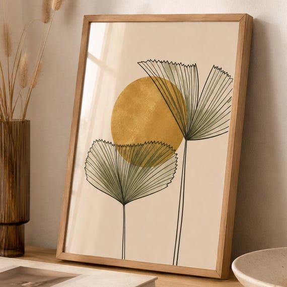 Boho Palm Leaf Wall Art Print Gold Sun Abstract Botanical Poster Minimalist Neutral Beige Decor Modern Living Room Artwork