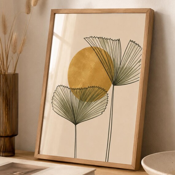 Gold Sun Palm Fronds Line Art Minimalist Botanical Decor Poster