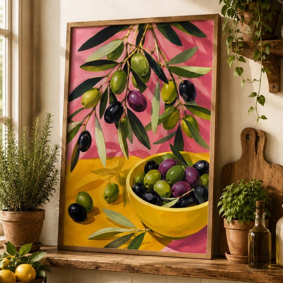 Olive Wall Art Print Mediterranean Kitchen Decor Italian Poster Colorful Botanical Fruit Modern Farmhouse