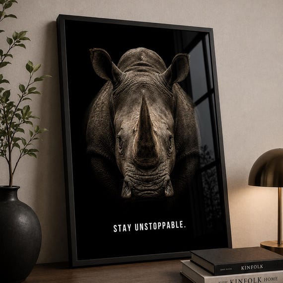 Rhino Wall Art Print Stay Unstoppable Poster Motivational Animal Decor Modern Black And White Office Artwork Wildlife Gift