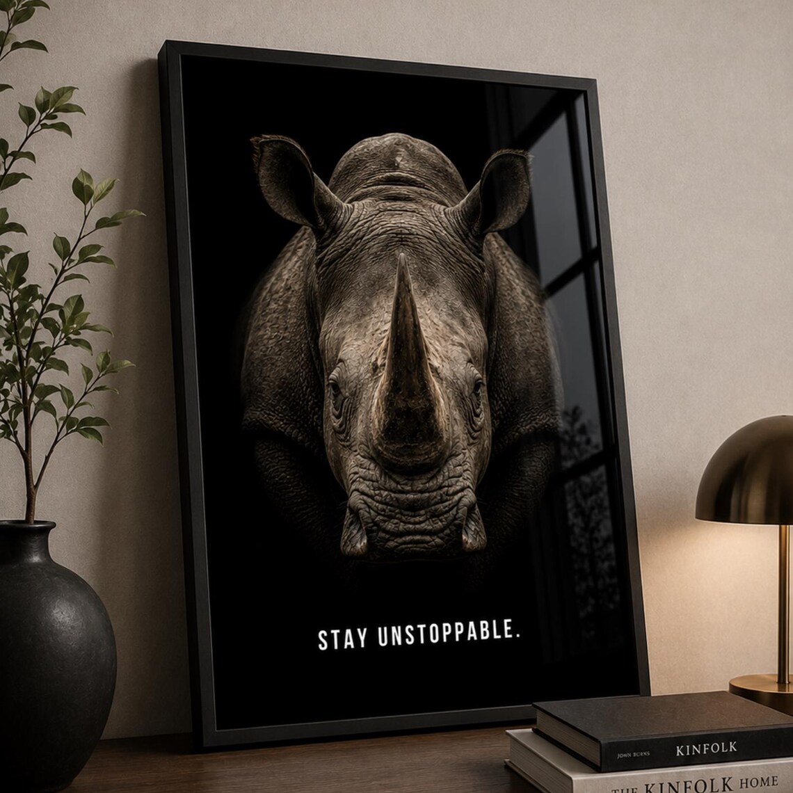 Rhino Stay Unstoppable Quote Motivational Black and White Wildlife Office Poster