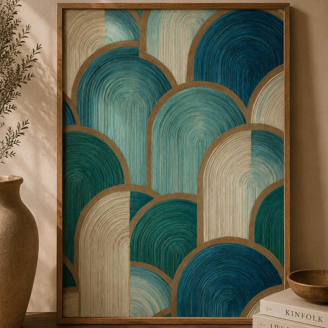 Teal Blue Deco Scallop Arch Abstract Ocean Wave Modern Poster