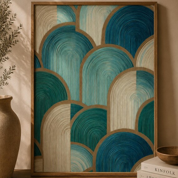 Abstract Geometric Wall Art Print Deco Poster Teal Blue Modern Decor Mid Century