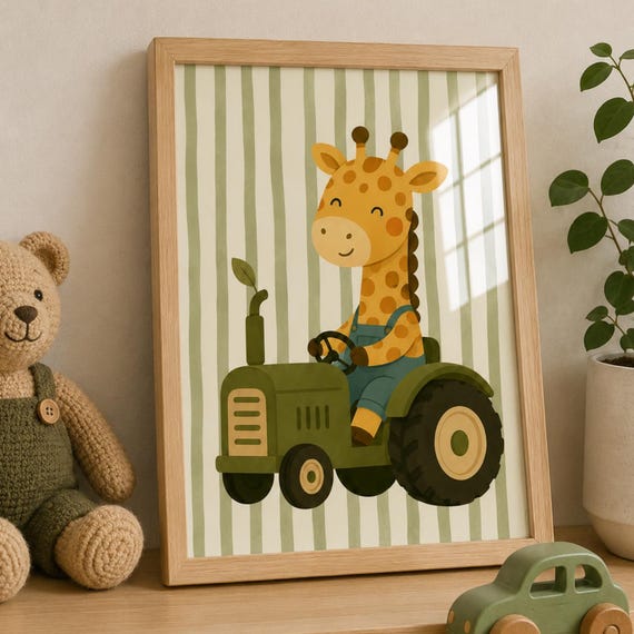Baby Giraffe Tractor Nursery Print Cute Farm Animal Wall Art Green Decor Boy Printable Farmhouse Kids Room Poster