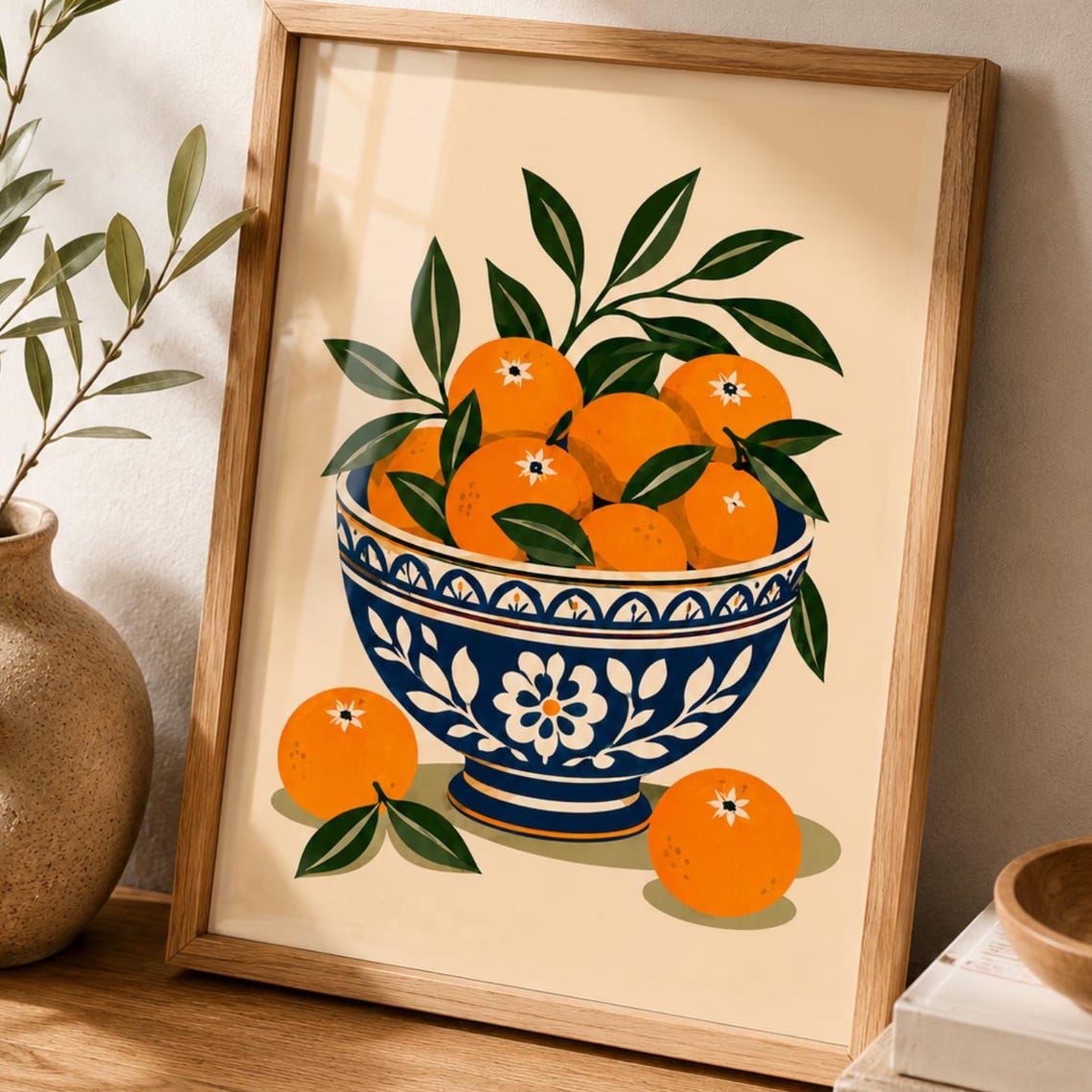 Orange Fruit Bowl Blue Ceramic Mediterranean Kitchen Art Poster