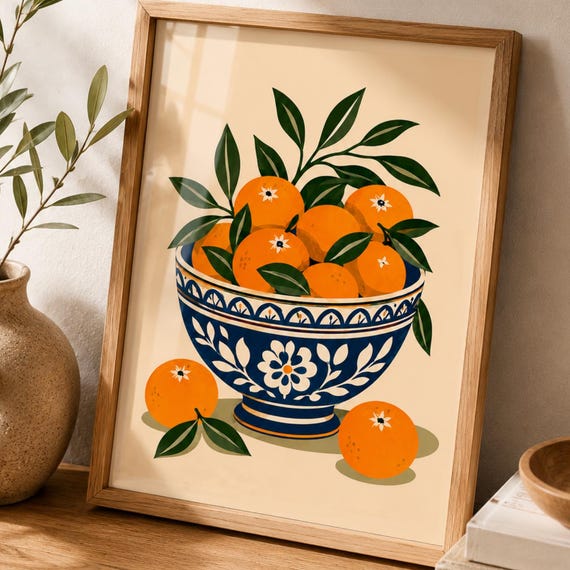 Orange Kitchen Wall Art Print Mediterranean Fruit Poster Blue Ceramic Bowl Artwork Italian Coastal Decor