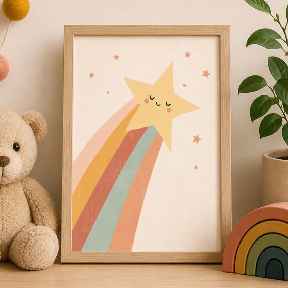 Cute Shooting Star Rainbow Trail Kids Pastel Nursery Art Poster