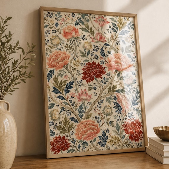 Antique Peony Rose Floral Trellis Botanical Vintage Wall Poster