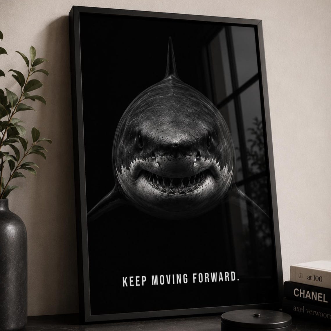 Shark Wall Art Poster Keep Moving Forward Print Motivational Ocean Decor Black And White Artwork Modern Office Gift