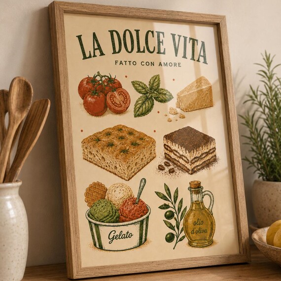 La Dolce Vita Italian Food Poster Fatto Con Amore Vintage Kitchen Art