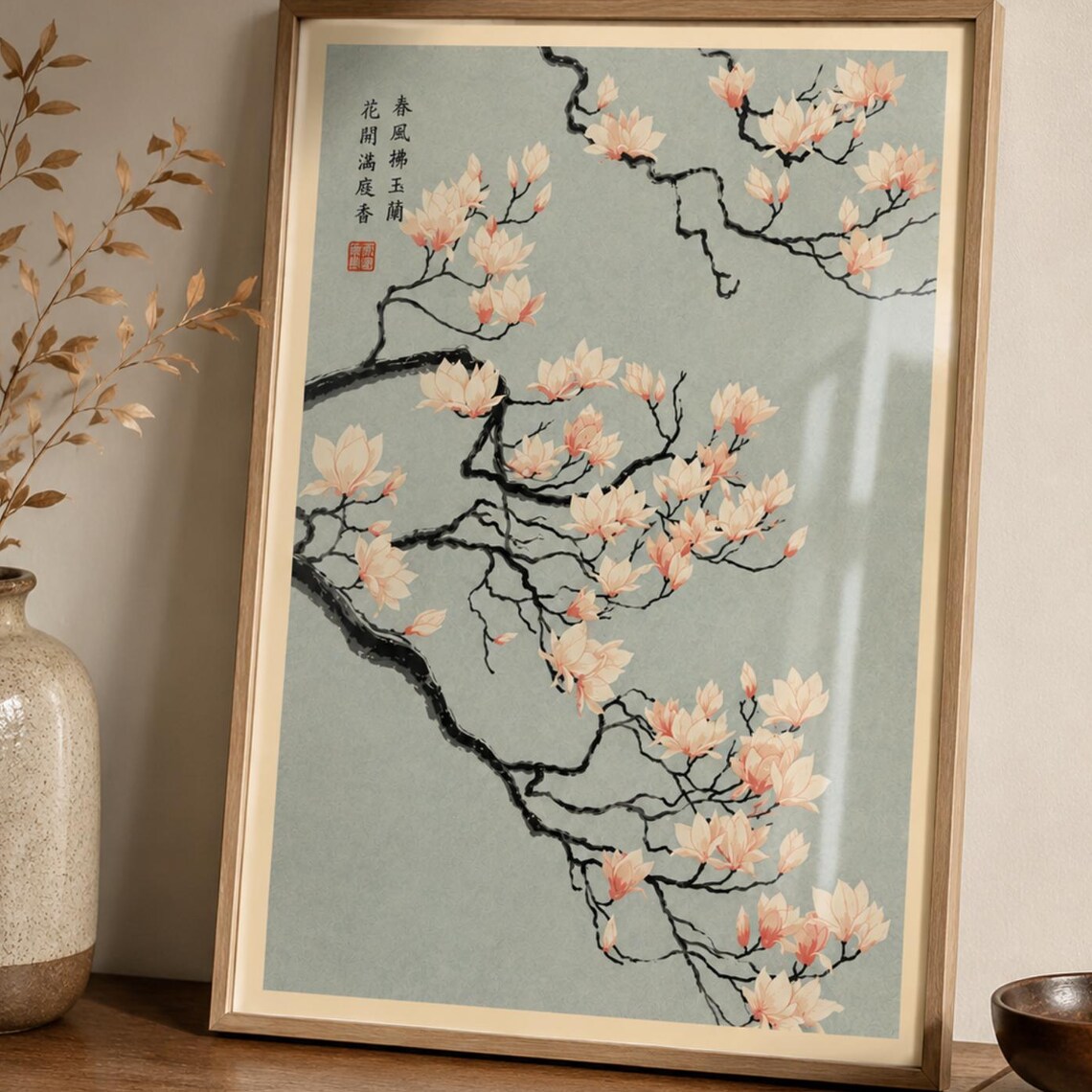 Japanese Magnolia Vintage Floral Art Print, Japandi