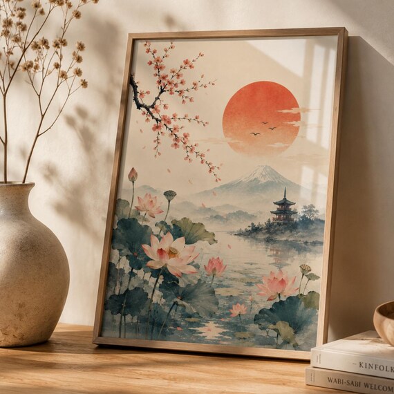 Japanese Wall Art Print Mount Fuji Sakura Poster Zen Landscape Decor Lotus Lake Artwork Japandi Home Gift