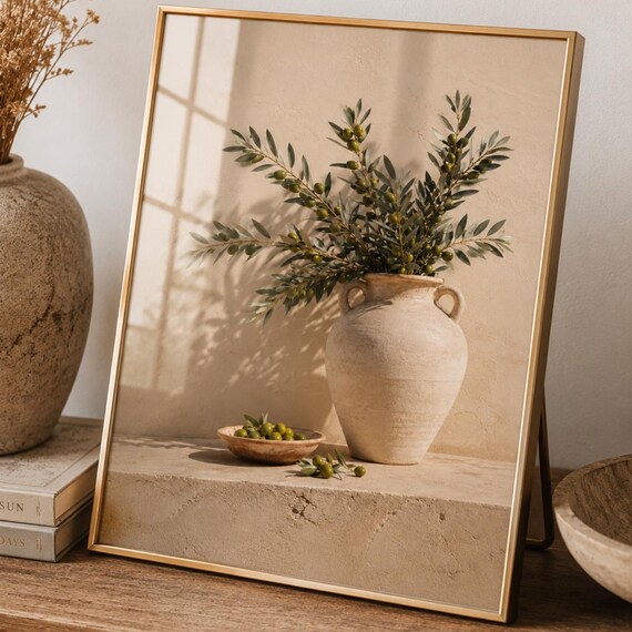 Olive Branches Terracotta Vase Mediterranean Still Life Sunlight Poster