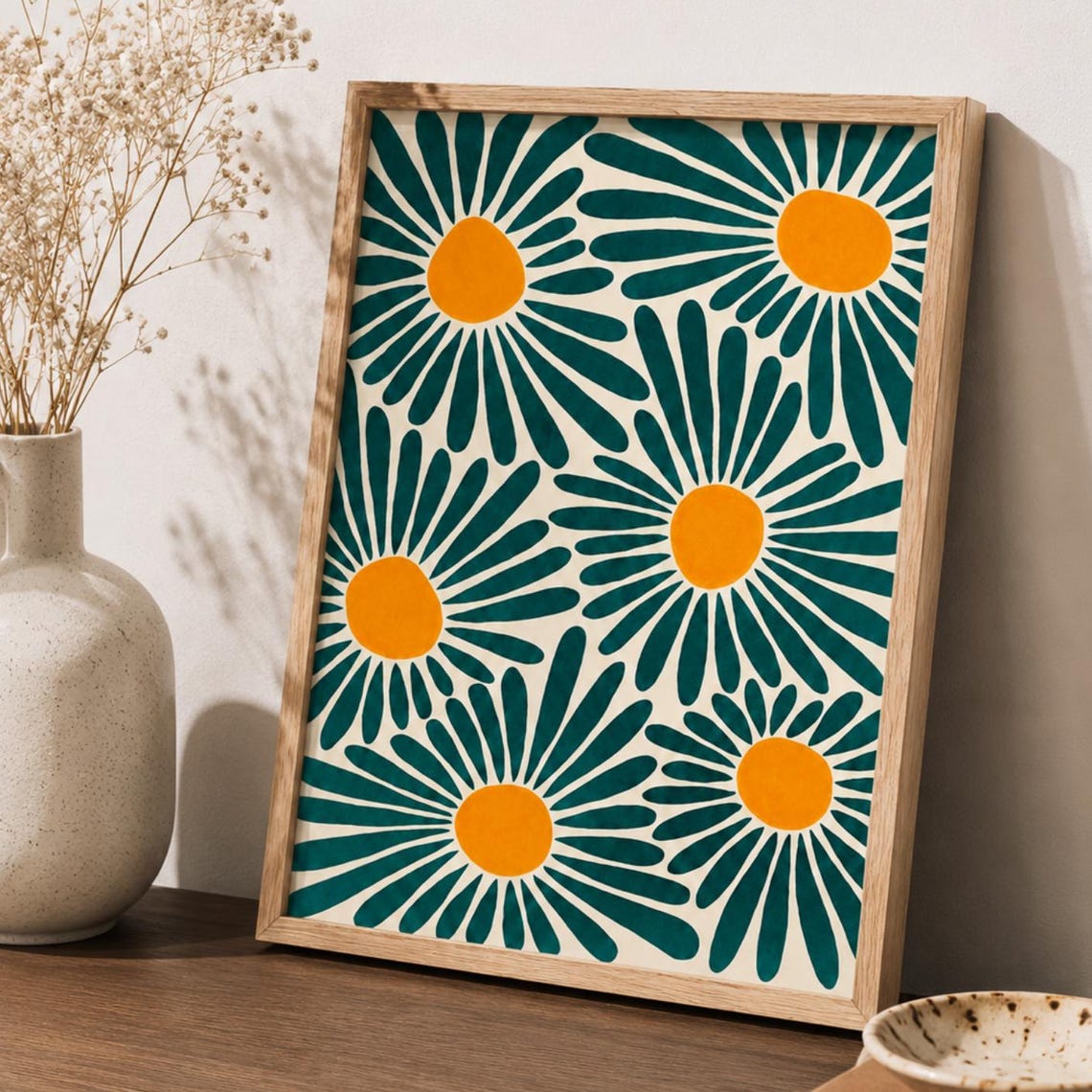 Teal Daisy Floral Pattern Orange Centers Retro Modern Poster