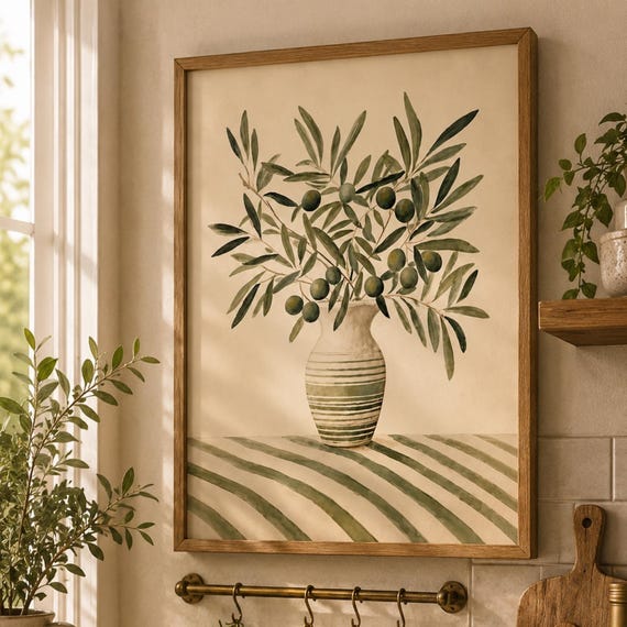 Olive Branch Wall Art Mediterranean Kitchen Print Tree Watercolor Poster Italian Farmhouse Decor Botanical