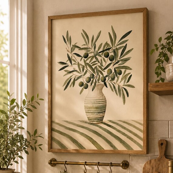 Watercolor Olive Branch In Striped Vase Mediterranean Kitchen Poster