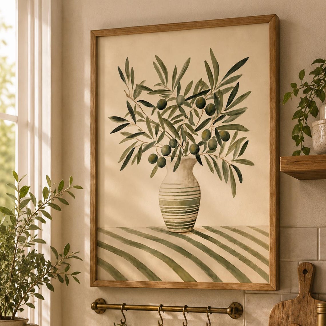 Watercolor Olive Branch In Striped Vase Mediterranean Kitchen Poster
