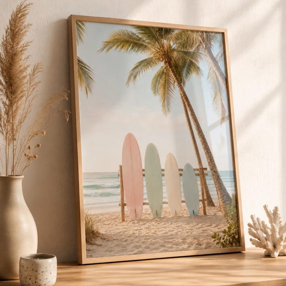 Surf Beach Wall Art Print Coastal Palm Tree Poster Pastel Surfboards Decor Tropical Ocean Photography Summer House