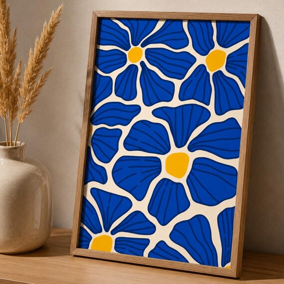 Cobalt Blue Floral Pattern Yellow Centers Scandinavian Poster
